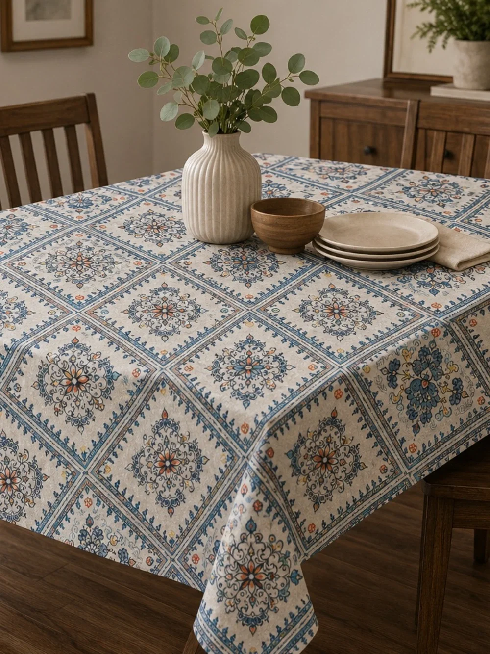 Classic Blue and Cream Mediterranean Tile Tablecloth - Home Dining